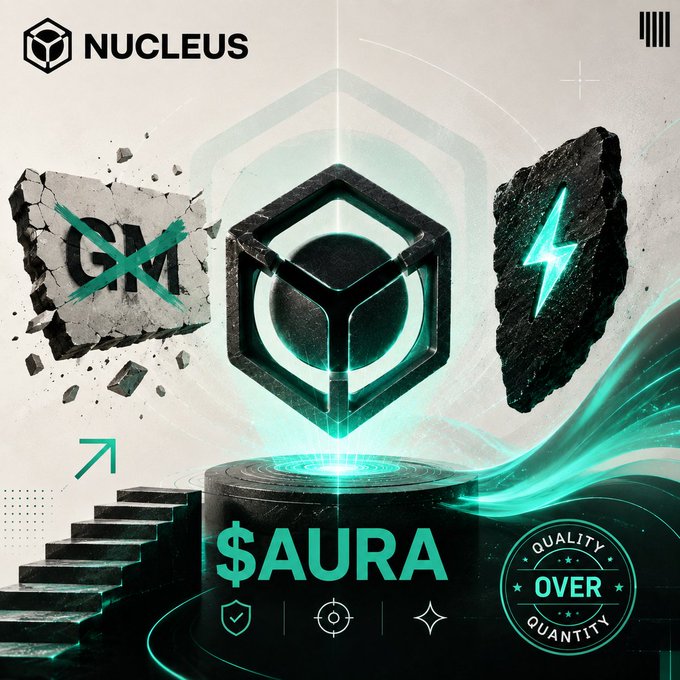 The image is a stylized promotional graphic for Nucleus centered on the "$AURA" token, featuring a glowing 3D hexagonal "N" logo on a pedestal with the tagline "QUALITY OVER QUANTITY" and a rejected "GM" fragment on the left, visually reinforcing the post's message that meaningful $AURA engagement outweighs low-value "GM" spam.