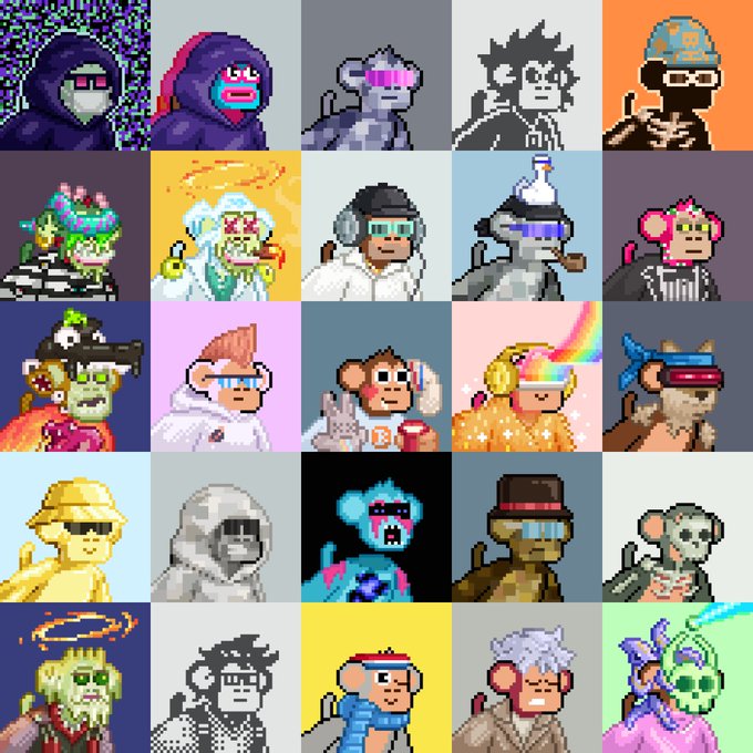 A 5x5 grid of 25 pixel art NFT characters featuring different themes like hooded figures, monkeys, astronauts, and various stylized portraits with diverse color palettes.
