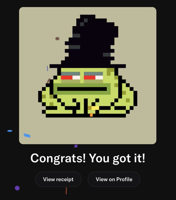 A pixel art green creature wearing a witch hat appears in a framed image, with the text "Congrats! You got it!" displayed below alongside buttons to "View receipt" and "View on Profile." The festive Halloween-themed illustration reinforces the post's celebratory sentiment of "feels good," suggesting the user just won or acquired a special seasonal item.