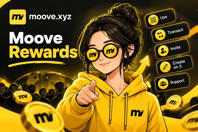 A promotional graphic for "Moove Rewards" by moove.xyz, featuring an anime-style girl with "mv" logo sunglasses pointing forward, alongside menu buttons labeled Use, Transact, Invite, Create on X, and Support.