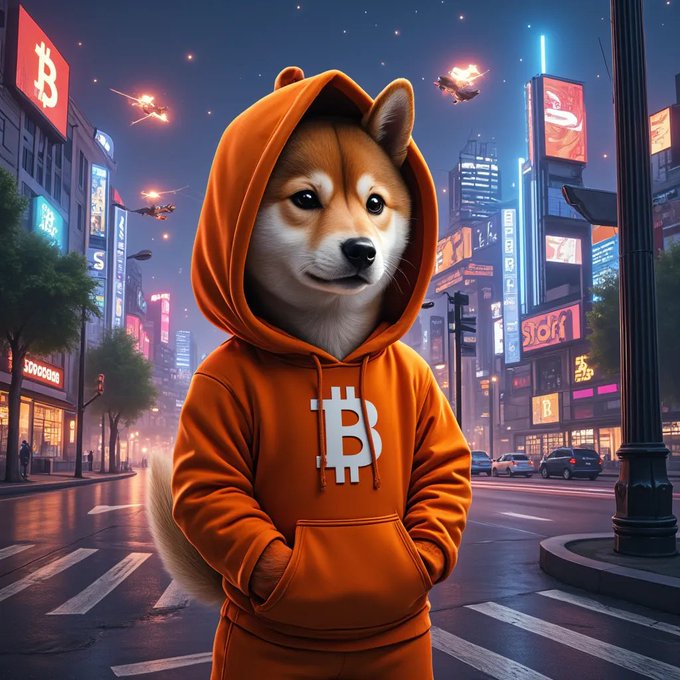 A digitally rendered Shiba Inu dog wearing an orange Bitcoin-themed hoodie stands in a neon-lit city street at night with cryptocurrency billboards in the background.