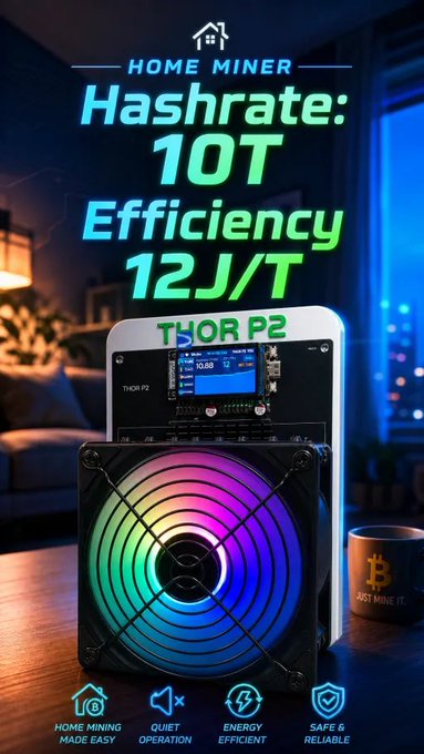 An advertisement for a 'THOR P2' home miner device featuring 10T hashrate, 12J/T efficiency, with labels for 'HOME MINING MADE EASY', 'QUIET OPERATION', 'ENERGY EFFICIENT', and 'SAFE & RELIABLE'.