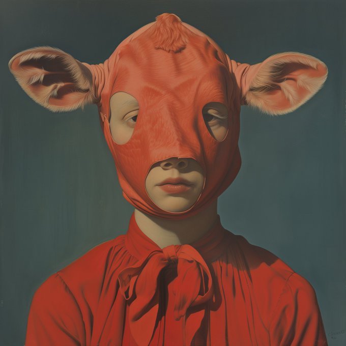 The image features a woman wearing an orange mask that covers her face, resembling a cow's head. She is also dressed in a red shirt with a tie around her neck. The painting appears to be done in a realistic style, capturing the details of the woman and her attire. The artist has used a blue background for the painting, which contrasts with the vibrant colors of the mask and the red shirt. The image seems to be related to a post on social media or an art collection, as indicated by the caption provided.