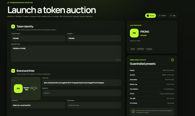 This image shows a token auction launch interface for a token named "PRONG" with the symbol "PRONG" and description "PRONG of PONS." The interface displays details for the token's identity, branding, and immutable policies, such as supply and fees.