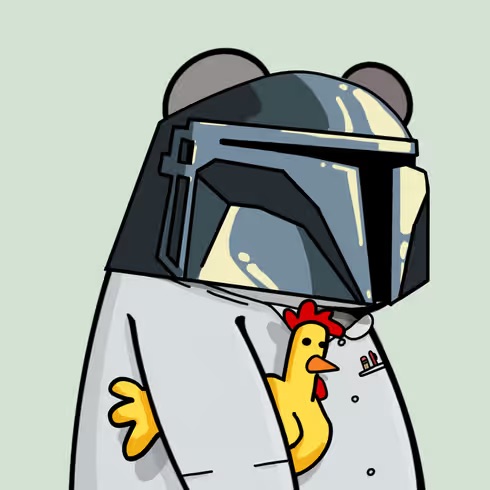 An illustration of a yellow chick dressed as a Mandalorian, wearing the signature beskar helmet and grey armor.