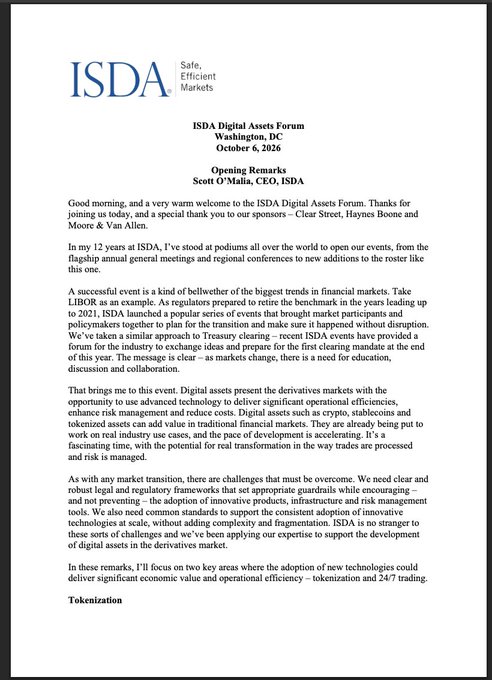 The opening remarks document from the "ISDA Digital Assets Forum" held in Washington, DC on October 6, 2026, by Scott O'Malia, CEO of ISDA, discussing market trends, tokenization, and risk management.