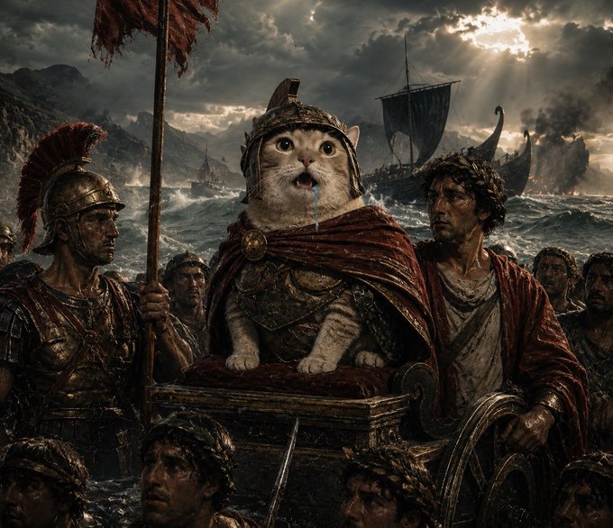 A comedic, epic-style digital artwork depicts a wide-eyed cat in Roman armor and a red cape being carried on a platform through turbulent seas, surrounded by stern-faced soldiers and warships.