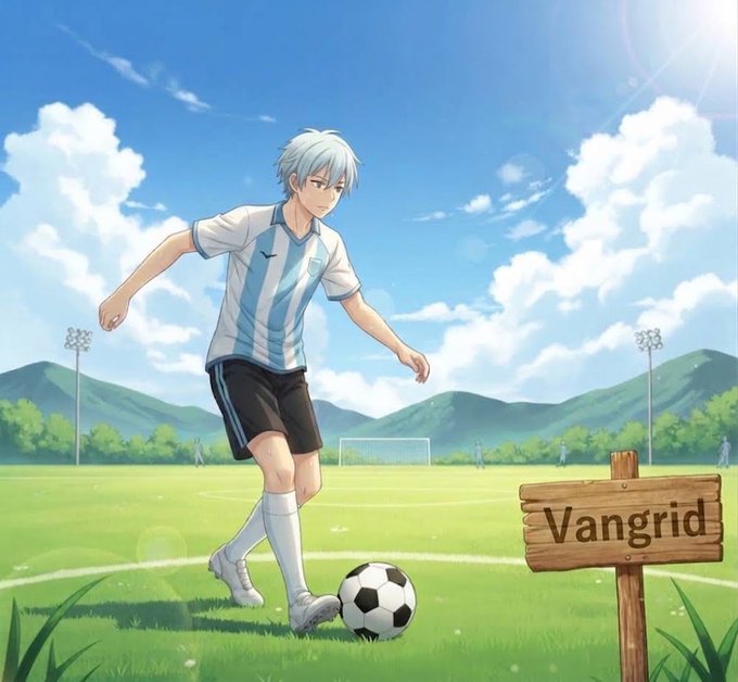 An anime-style illustration of a blue-haired soccer player in a light blue and white striped jersey about to kick a soccer ball on a sunny field, with a wooden sign reading "Vangrid".