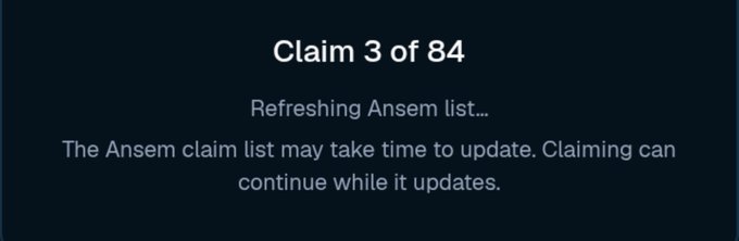 The image shows a "Claim 3 of 84" screen indicating that the Ansem claim list is refreshing, with text noting that claiming can continue during the update. This relates to the post about conveniently claiming all Ansem Launchpad airdrops through BullpenFi in one click while holding $ANSEM tokens.
