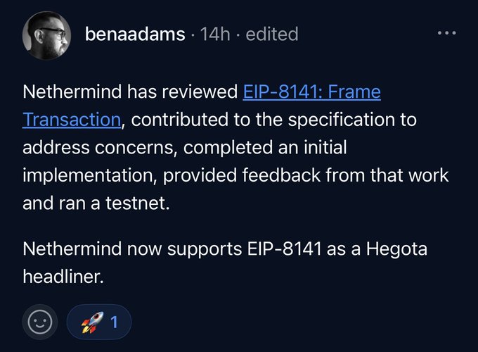 Screenshot of a social media post by 'benaadams' announcing that Nethermind now supports EIP-8141 as a Hegota headliner.