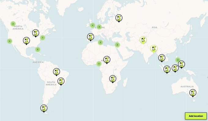 A world map displaying multiple green location pins with numbers across different continents and an 'Add location' button.
