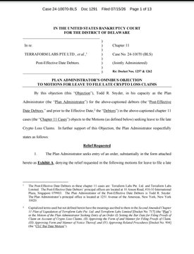The image is the first page of a court filing (Case No. 24-10070 (RLS), Docket #1291) from the U.S. Bankruptcy Court for the District of Delaware in *In re: Terraform Labs Pte. Ltd.*, titled "Plan Administrator's Omnibus Objection to Post-Effective Date Claims," in which the Plan Administrator FairShake, Inc. objects to a late Crypto Loss Claim. This filing corresponds to the post's description of the Plan Administrator pushing back against late-filed Crypto Loss Claims that missed the May 16, 2025 deadline, seeking to have them disallowed so only eligible, timely claims proceed.