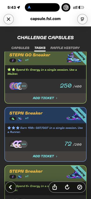 The image shows a phone screen displaying information about a CapsuleFL app, specifically about the "Challenge Capsules" feature. The app provides details such as the number of challenge capsules available for purchase, their cost, and the rewards earned from completing them. There are also options to add more tickets or customize the challenge experience.