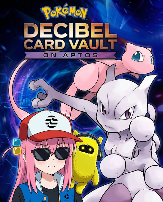 The image features a cartoon girl with pink hair wearing sunglasses and a hat standing next to two Pokemon characters - one pink and one yellow. The girl appears to be posing for a picture or drawing, while the Pokemon characters are positioned behind her. The background of the image is blue, which complements the overall color scheme of the scene.