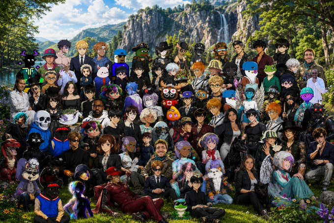 A large group portrait combines numerous anime characters with real-world figures posed together in a lush, mountainous landscape with a waterfall in the background.