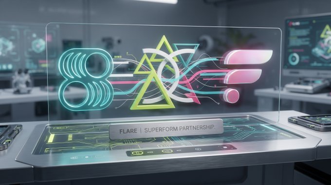 Futuristic sci-fi image of a holographic display on a transparent screen showing neon geometric shapes, with 'FLARE | SUPERFORM PARTNERSHIP' text.