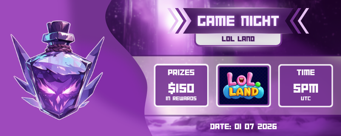 A purple-themed 'Game Night: LoL Land' promotional graphic announcing a League of Legends tournament on 01/07/2026 at 5PM UTC, featuring $150 in rewards as prizes, a glowing skull-mask potion bottle illustration, and the LoL Land logo.