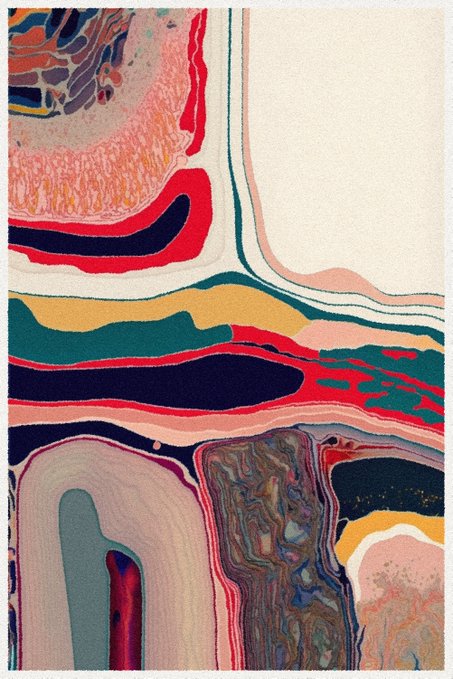 An abstract painting featuring flowing, wavy bands of red, pink, green, yellow, and dark blue colors.