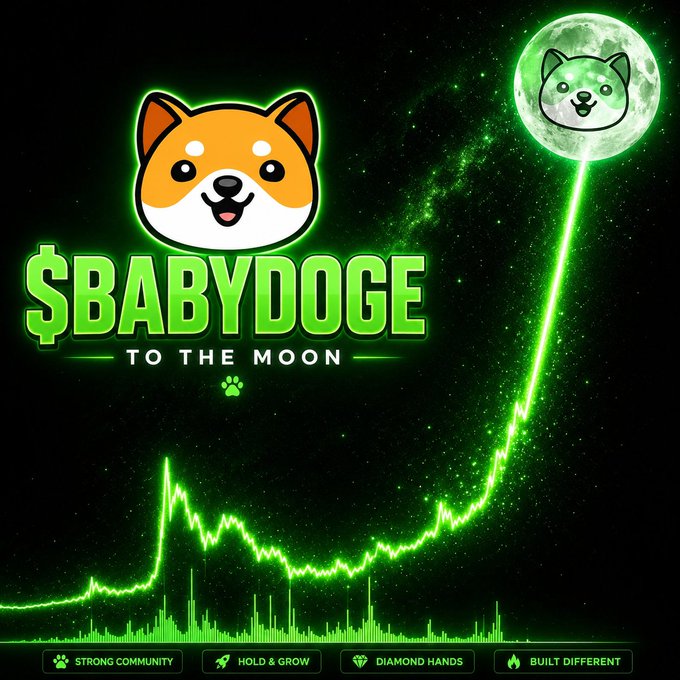 The image features a promotional graphic for the cryptocurrency $BABYDOGE, displaying a cartoon Shiba Inu puppy, a green glowing line chart trending sharply upward like a rocket trajectory, and a moon with the same dog face in the top right. Text reading "$BABYDOGE TO THE MOON" appears prominently alongside taglines at the bottom like "STRONG COMMUNITY" and "HOLD & GROW," visually reinforcing the post's claim that $BABYDOGE is "next to the moon."