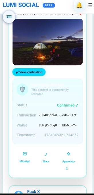 A screenshot of the 'LUMI SOCIAL BETA' app showing a verified post with a camping image, displaying a confirmation status with transaction ID, wallet address, and timestamp.