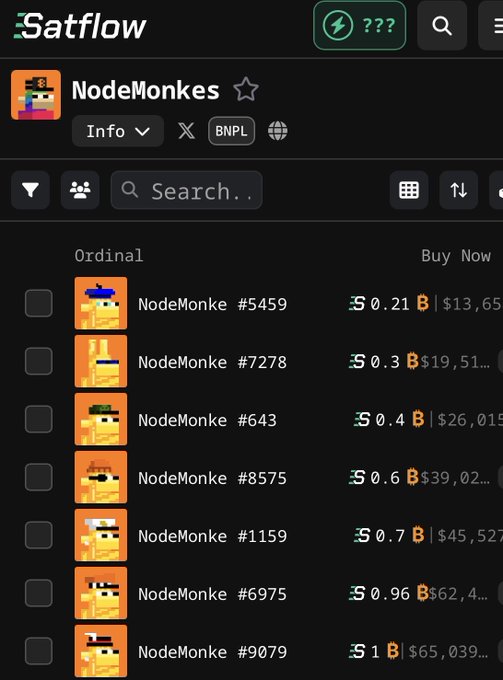 Screenshot of the Satflow marketplace showing a list of NodeMonkes Ordinal NFTs for sale, with prices ranging from 0.21 BTC to 1 BTC.