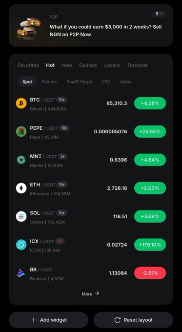A mobile app interface showing cryptocurrency prices, including BTC, PEPE, MNT, ETH, SOL, ICX, and BR, with a banner reading "What if you could earn $3,000 in 2 weeks? Sell NGN on P2P Now".