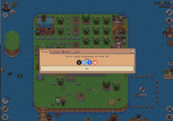 A screenshot from a pixel-art farming game showing a level-up message that says 'You're really blossoming at level 24!'