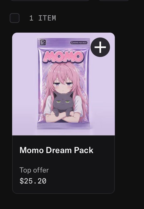 An online store listing for a "Momo Dream Pack" NFT (1 of 1) priced at $25.20, featuring anime-style artwork of a pink-haired character holding a black cat on a purple package design.
