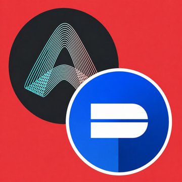 Two cryptocurrency logos on a red background: a black circle with a stylized 'A' design and a blue circle featuring the '₿' symbol with vertical lines.