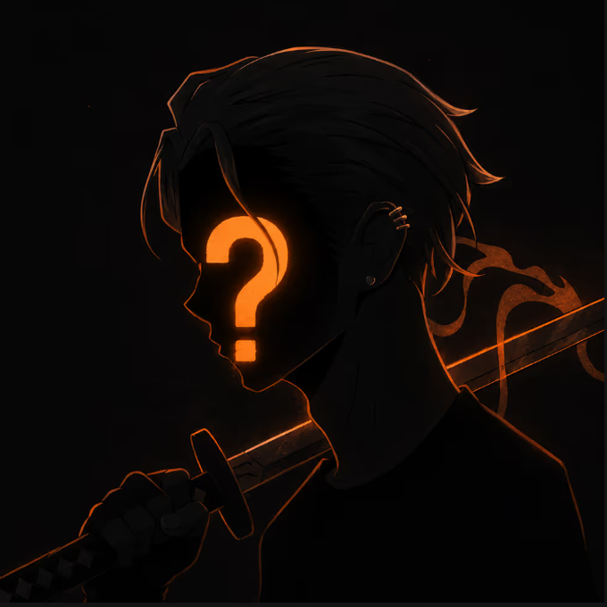A dark, stylized illustration of a character with a glowing orange question mark over their face, holding a sword on their shoulder, with orange rim lighting highlighting their silhouette against a black background.