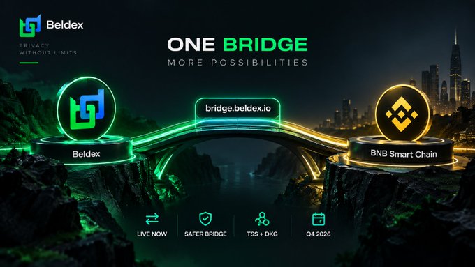 An advertisement for Beldex showing "ONE BRIDGE MORE POSSIBILITIES" connecting Beldex and BNB Smart Chain via bridge.beldex.io, with features like LIVE NOW, SAFER BRIDGE, TSS+DKG, and Q4 2026.