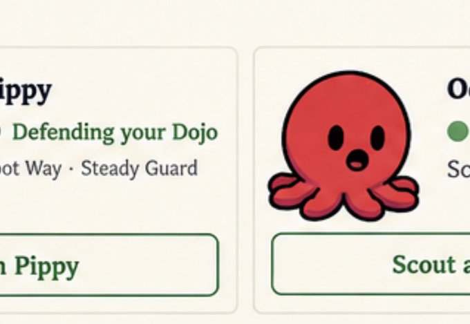Two cards displayed side by side: the left shows a profile card for 'Pippy' with the title 'Defending your Dojo' and stats 'Steady Guard' and 'Pippy'; the right features a cartoon red octopus character for 'Octo' with 'Scout' partially visible.