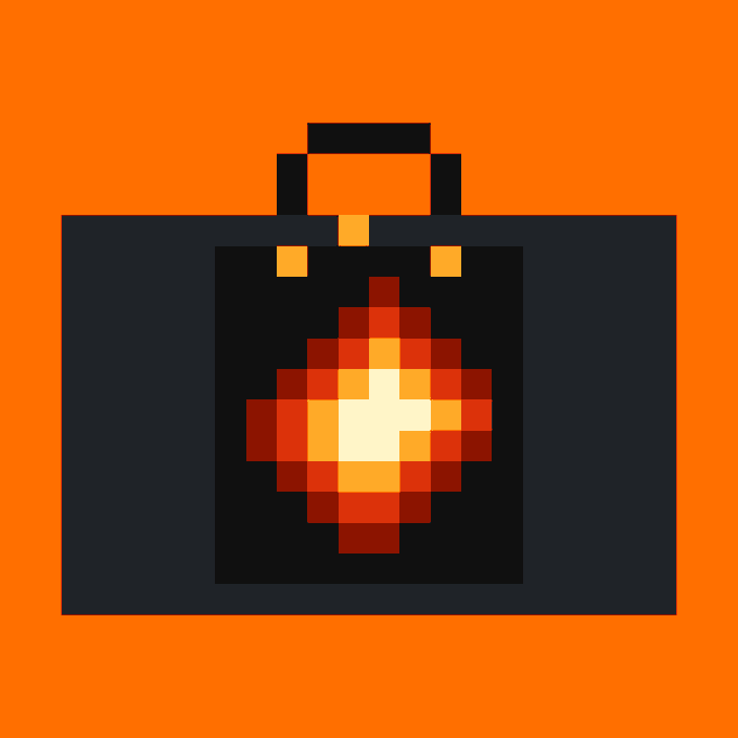 A minimalist pixel art icon of a black briefcase with a glowing orange and yellow core in the center, set against a solid orange background.