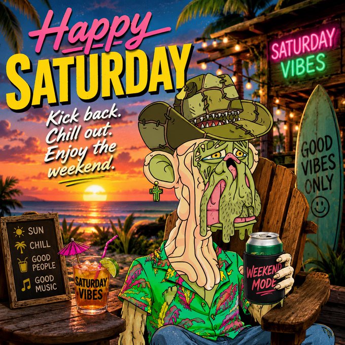 A vibrant cartoon illustration of a melting zombie-like character in a Hawaiian shirt and bucket hat holding a 'Weekend Mode' can, surrounded by 'Happy Saturday' text and beach sunset scenery.