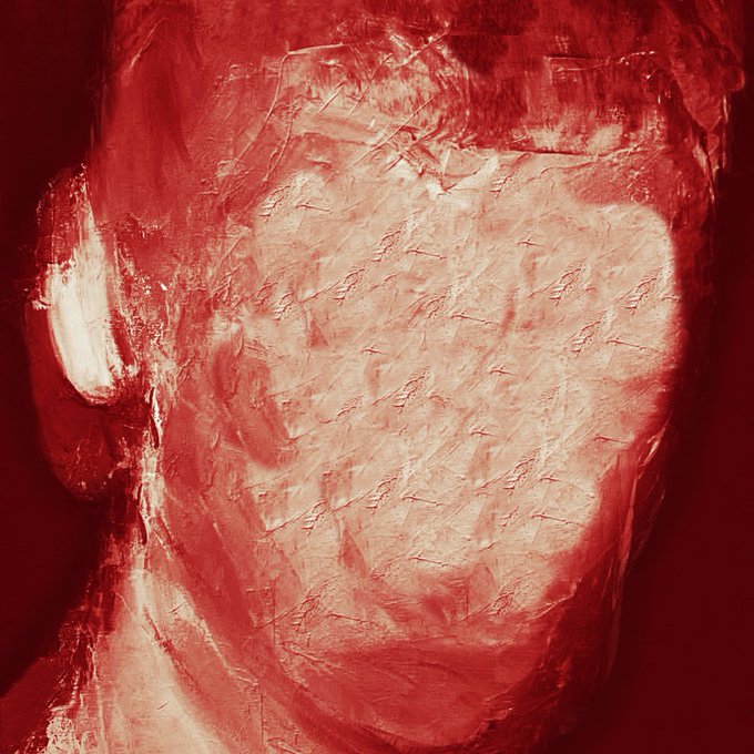 A close-up of a raw red meat cut, possibly beef, with visible muscle fibers, fat marbling, and a textured surface in deep crimson tones.