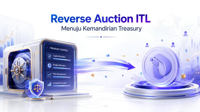 A promotional banner for 'Reverse Auction ITL' with Indonesian subtitle 'Menuju Kemandirian Treasury' (Towards Treasury Independence), showing a vault labeled 'TREASURY CONTROL' with options like Capital Discipline, Budget Allocation, Risk Management, and Long-term Growth.
