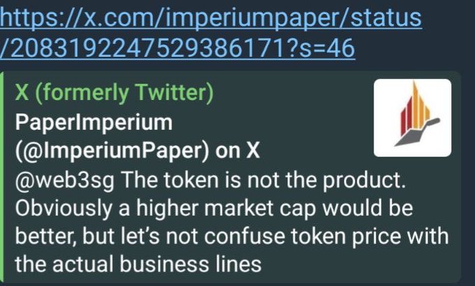A screenshot of an X (formerly Twitter) post from @ImperiumPaper replying to @web3sg, stating: "The token is not the product. Obviously a higher market cap would be better, but let's not confuse token price with the actual business lines." The message echoes the "tale of two cities" theme by highlighting the disconnect between crypto market cap sentiment and underlying business fundamentals.