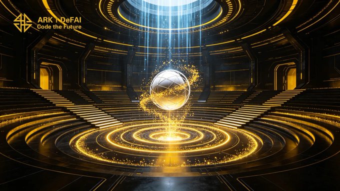The image features a large golden ball surrounded by smaller circles of light, creating an illusion that makes it appear as if the ball is floating or hovering above the ground. The background shows stairs leading up to a door, suggesting that this scene takes place in a building with multiple levels. The caption reads "From one core, a stronger ecosystem begins. Arkie AI App brings AI Agents into the center of the ARK journey - helping users organize ideas, understand Web3 tasks, and turn scattered actions into clear execution".