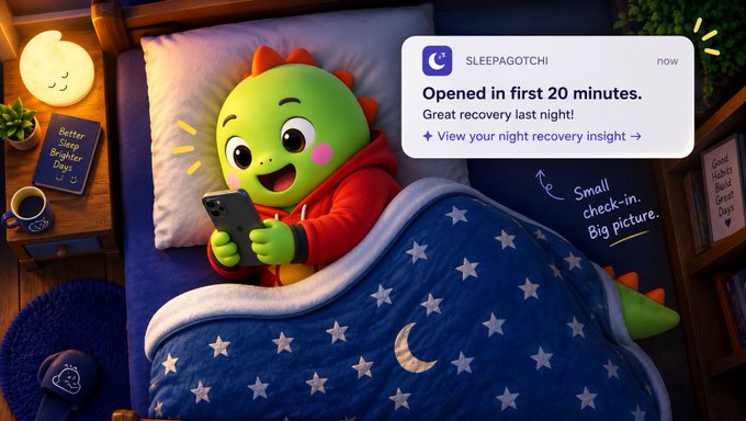 A cheerful green dinosaur character lying in bed under a starry blanket looking at a smartphone, with a 'SLEEPAGOTCHI' notification reading 'Opened in first 20 minutes. Great recovery last night! View your night recovery insight →' and a handwritten note saying 'Small check-in. Big picture.'