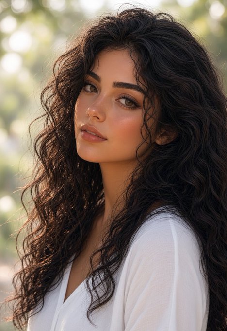 A portrait of a young woman with long, dark, curly hair wearing a white v-neck top, looking directly at the camera with a soft expression.