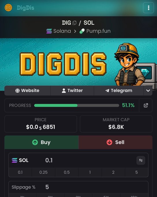 A mobile interface for the cryptocurrency 'DIGDIS' on the Solana network via Pump.fun shows a token price of approximately $0.00006851, a market cap of $6.8K, and a bonding curve progress at 51.1%.