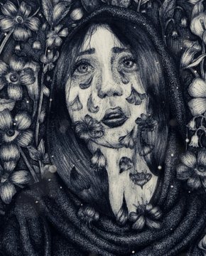 A detailed black-and-white drawing of a woman's face partially obscured by intricate floral and butterfly motifs, with her gaze directed upward.