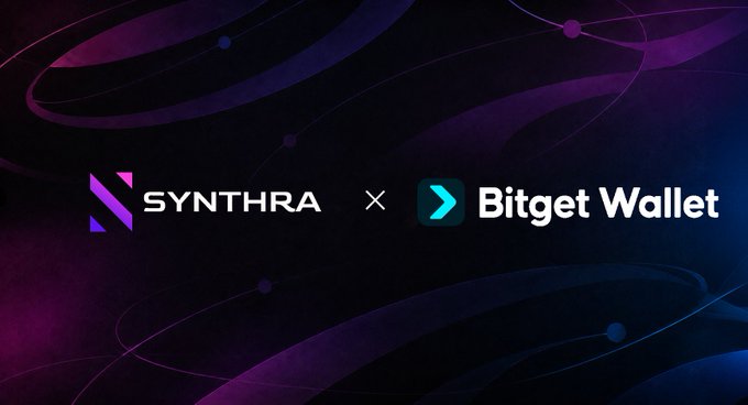 A promotional graphic with a purple and blue swirling background announcing a collaboration between 'SYNTHRA' and 'Bitget Wallet'.