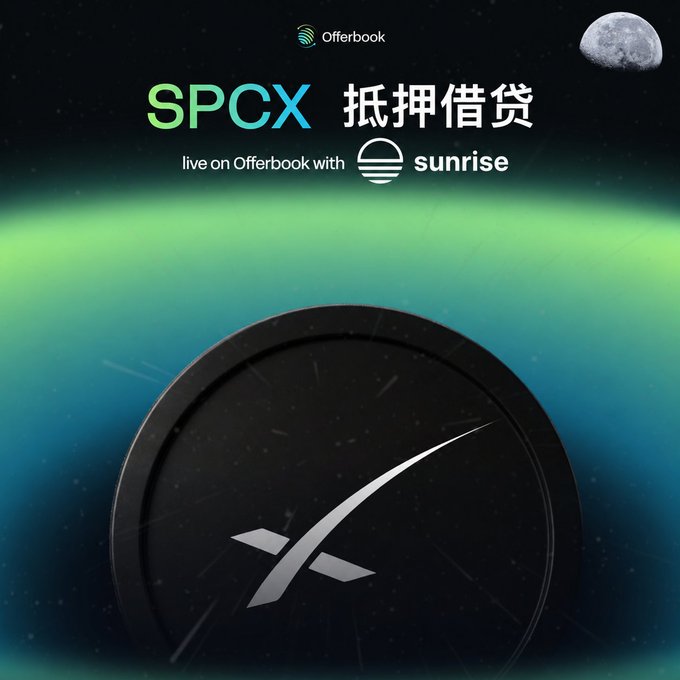 The image features a black clock with a white x on top, set against a blue background that resembles outer space. The clock has a large white "SPCX" written on it. Below the clock, there's text in Chinese that reads "Live on Offerbook with SPCX", and another piece of text that says "Live on Offerbook with SPCX". This suggests that the image is promoting an offer for SPCX, possibly as a way to generate revenue or provide financial assistance.