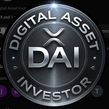 A silver badge-style logo featuring the XRP symbol and "DAI" lettering, encircled by "DIGITAL ASSET INVESTOR." It relates to the post by serving as the visual identity of the "Digital Asset Investor" account being thanked for their educational content on Ripple and XRP.