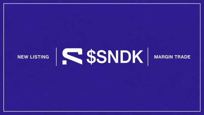 A purple banner announcing a 'New Listing' for the token $SNDK, available for 'Margin Trade' on a cryptocurrency platform.