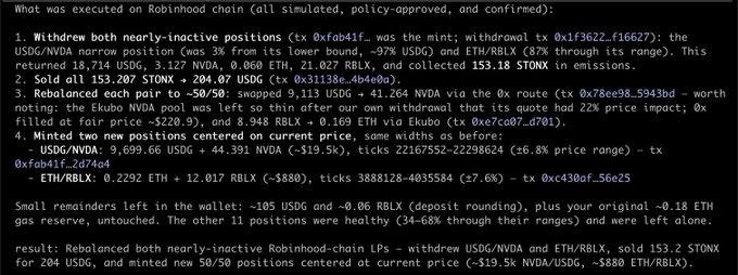 A detailed breakdown of cryptocurrency transactions executed on Robinhood chain, including withdrawal, swap, rebalance, and mint operations involving tokens like USDG/NVDA, ETH/RBLX, and STONX, with final results showing rebalanced liquidity positions.
