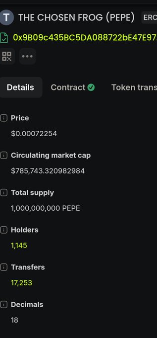 A cryptocurrency token details page for "THE CHOSEN FROG (PEPE)" with contract address "0x9B09c435BC5DA088722bE47E97...", showing a price of $0.00072254, circulating market cap of $785,743.320982984, total supply of 1,000,000,000 PEPE, 1,145 holders, 17,253 transfers, and 18 decimals.