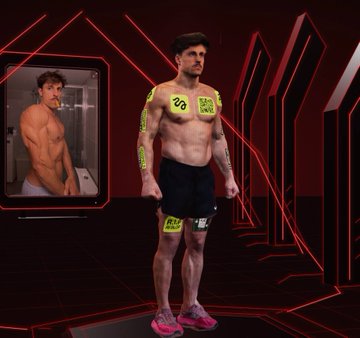 A shirtless man wearing black shorts, pink shoes, and numbered competition stickers stands on a stage with red lighting and geometric patterns.