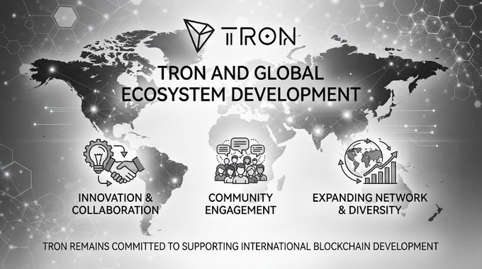 Black and white infographic for TRON titled 'TRON AND GLOBAL ECOSYSTEM DEVELOPMENT,' highlighting Innovation & Collaboration, Community Engagement, and Expanding Network & Diversity.